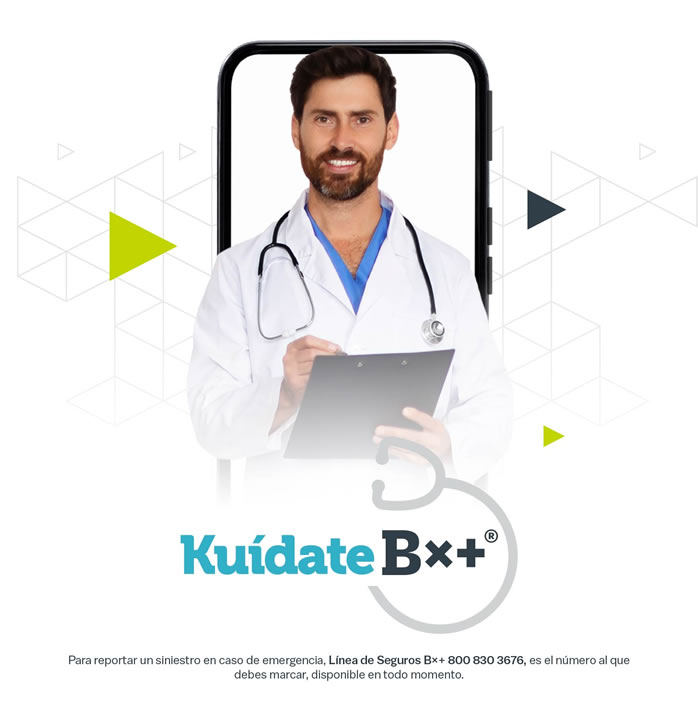 A smiling doctor in a white coat holds a clipboard, framed by a smartphone. Text promotes the "Kuídate B+" app.