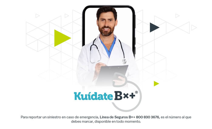 A smiling doctor in a white coat holds a clipboard, promoting the "Kúidate B++" app.